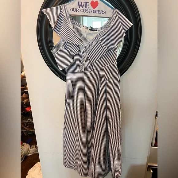 Self Portrait asymmetrical neckline midi length flare dress; size 6